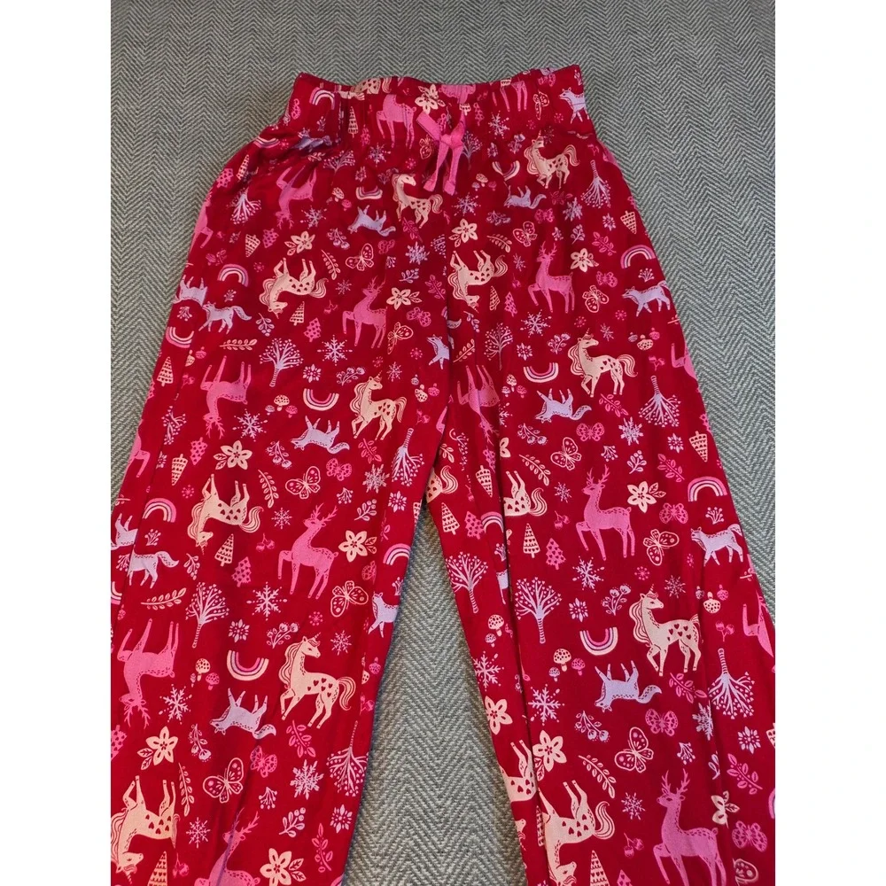 Holiday Time Girls Red Unicorn Deer Pajama Pants Size L 10-12 Wide Leg Sleepwear